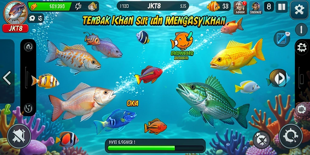 Tampilan gameplay JKT8 dengan aksi tembak ikan yang seru.