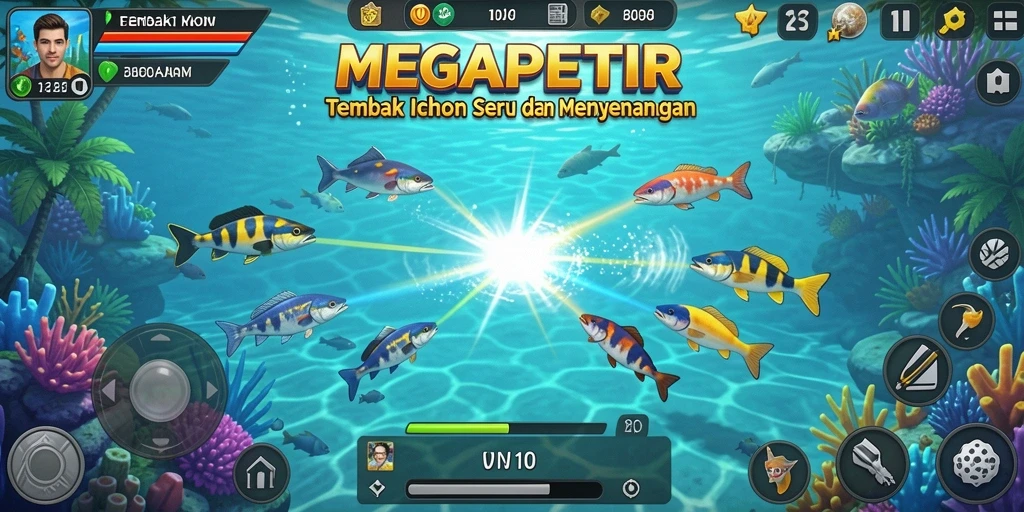 Tampilan gameplay seru dalam MEGAPETIR saat menembak ikan.