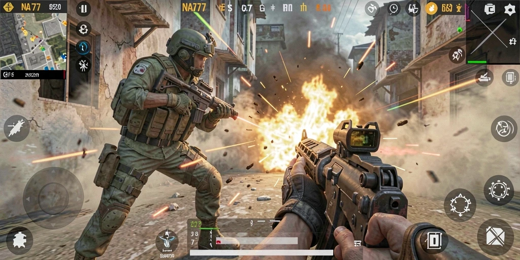 Tampilan gameplay intens NA777 dalam aksi pertempuran FPS.